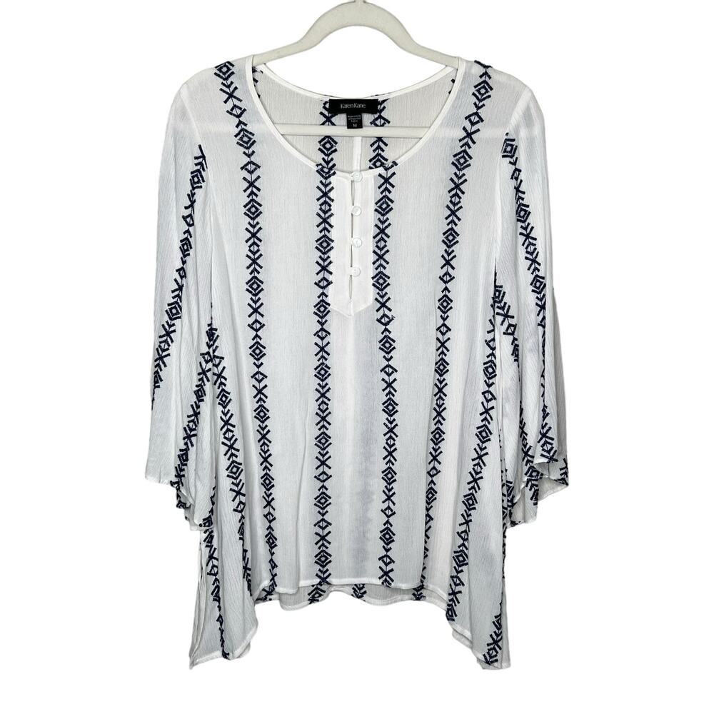 Karen Kane white and blue Embroidered Tunic Length Top Size Medium